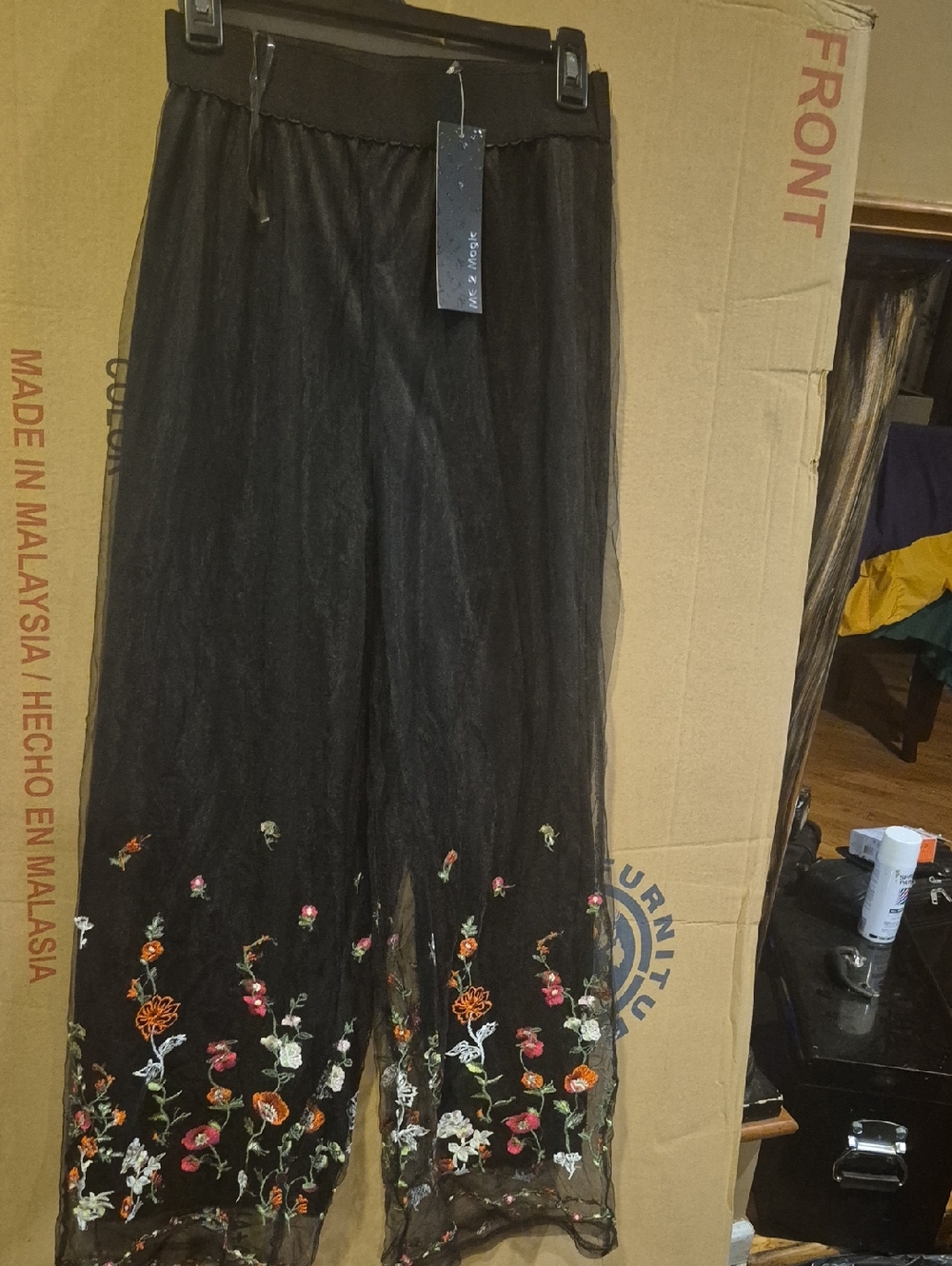 NEW---Black Sheer Maxi Skirt with Colorful Floral Embroidery